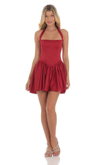 Satin Halter A-line Dress in Red