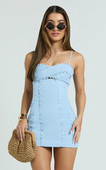 Gigi Mini Linen Blend Dress Sweetheart Tie Back Scallop Detail Dress in Blue