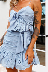 Heartland Waist Tie Eyelet Embroidery Hem Skirt Denim Blue