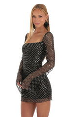 Sequin Floral Bell Sleeve Dress in Black