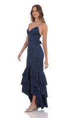 Satin Ruffle Fishtail Maxi Dress in Navy