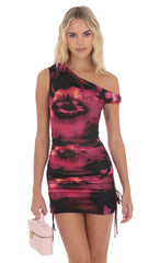 Floral Off Shoulder Ruched Bodycon Dress in Pink and Black