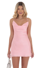 Satin Rhinestone Cowl Neck Dress in Pink