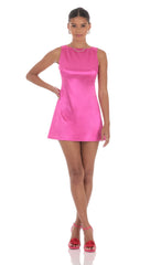 High Neck Satin Dress In Deep Pink