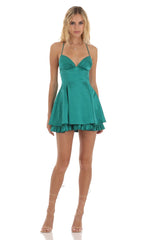 Satin Flare Dress in Green