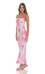 Satin Floral Halter Maxi Dress in Pink and Blue