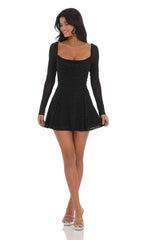 Rhinestone Draped Fit and Flare Dress in Black