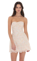 Eyelet Floral Strapless Dress in Cream