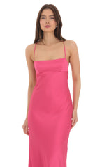 Satin Open Back Maxi Dress in Pink