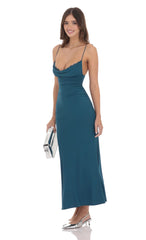 Ruched Cowl Neck Maxi Dress in Teal