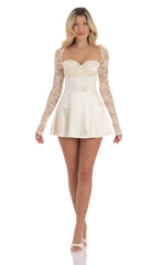 Satin Lace Sleeve Dress in Yellow Cream