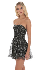 Gold Thread Strapless Fit and Flare Dress in Black