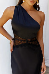 Show You Love One Shoulder Satin Maxi Dress Black