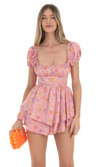 Floral Puff Sleeve Romper in Pink