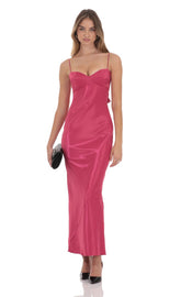Satin Back Tie Maxi Dress in Magenta