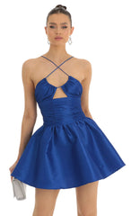Satin Ruched Front Cross Dress in Blue