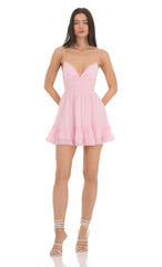 Dotted V-Neck A-line Dress in Pink