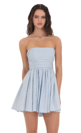 Floral Strapless A-line Dress in Gingham Blue