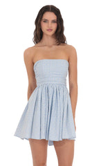 Floral Strapless A-line Dress in Gingham Blue