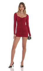 Ruched Long Sleeve Bodycon Dress in Maroon