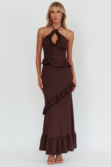 Clemence Smocked Frill Trim Maxi Dress Chocolate