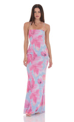 Floral Open Back Maxi Dress in Blue and Pink