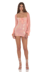 Sequin Balloon Sleeve Bodycon Dress in Coral