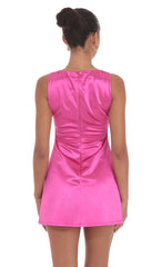 High Neck Satin Dress In Deep Pink