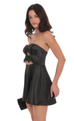 Satin Double Bow Cutout Dress in Black