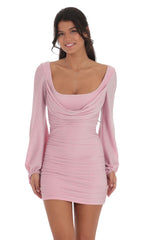 Shimmer Ruched Cowl Neck Dress in Pink
