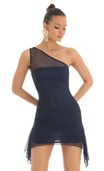 Mesh One Shoulder Dress in Navy