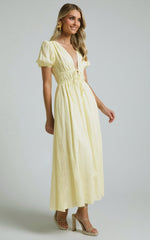Portofino Midi Dress - V Neck Puff Sleeve Dress in Yellow