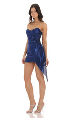 Metallic Corset Tassel Dress in Blue