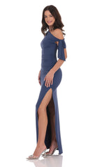 Off Shoulder Tie Strap Maxi Dress in Blue