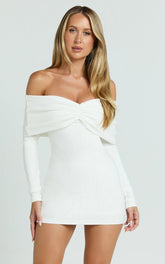 Rani Mini Dress Off Shoulder Long Sleeve Bodycon Dress in Off White