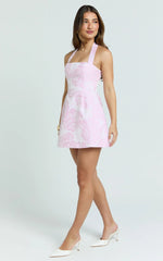 Gabbie Mini Dress Jacquard Halter Fit And Flare Dress in Pink