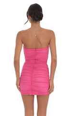 Mesh Strapless Bodycon Dress in Hot Pink