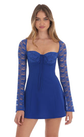 Lace Sleeve Fit and Flare Dress in Blue