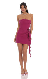 Rose Strapless Ruched Tassel Dress in Berry