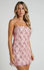 Shook Mini Dress Cami Sequin Fringe Dress in Pink Sequin