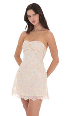 Eyelet Floral Strapless Dress in Cream