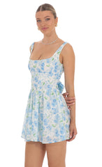 Floral Open Back Flare Dress in White and Blue