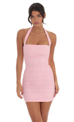 Shimmer Ruched Bodycon Dress in Pink