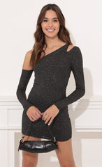 Shimmer Shoulder Cutout Dress in Black