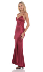 Satin Open Back Mermaid Maxi Dress in Maroon
