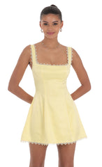 Satin Embroidered Fit and Flare Dress in Yellow