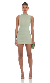 Mesh Ruched Bodycon Dress in Sage Green