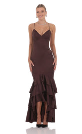 Satin Ruffle Fishtail Maxi Dress in Brown