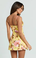 Marianna Mini Dress Floral Print V Neck Fit and Flare Dress in Yellow