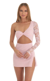 Lace One Shoulder Dress in Pink